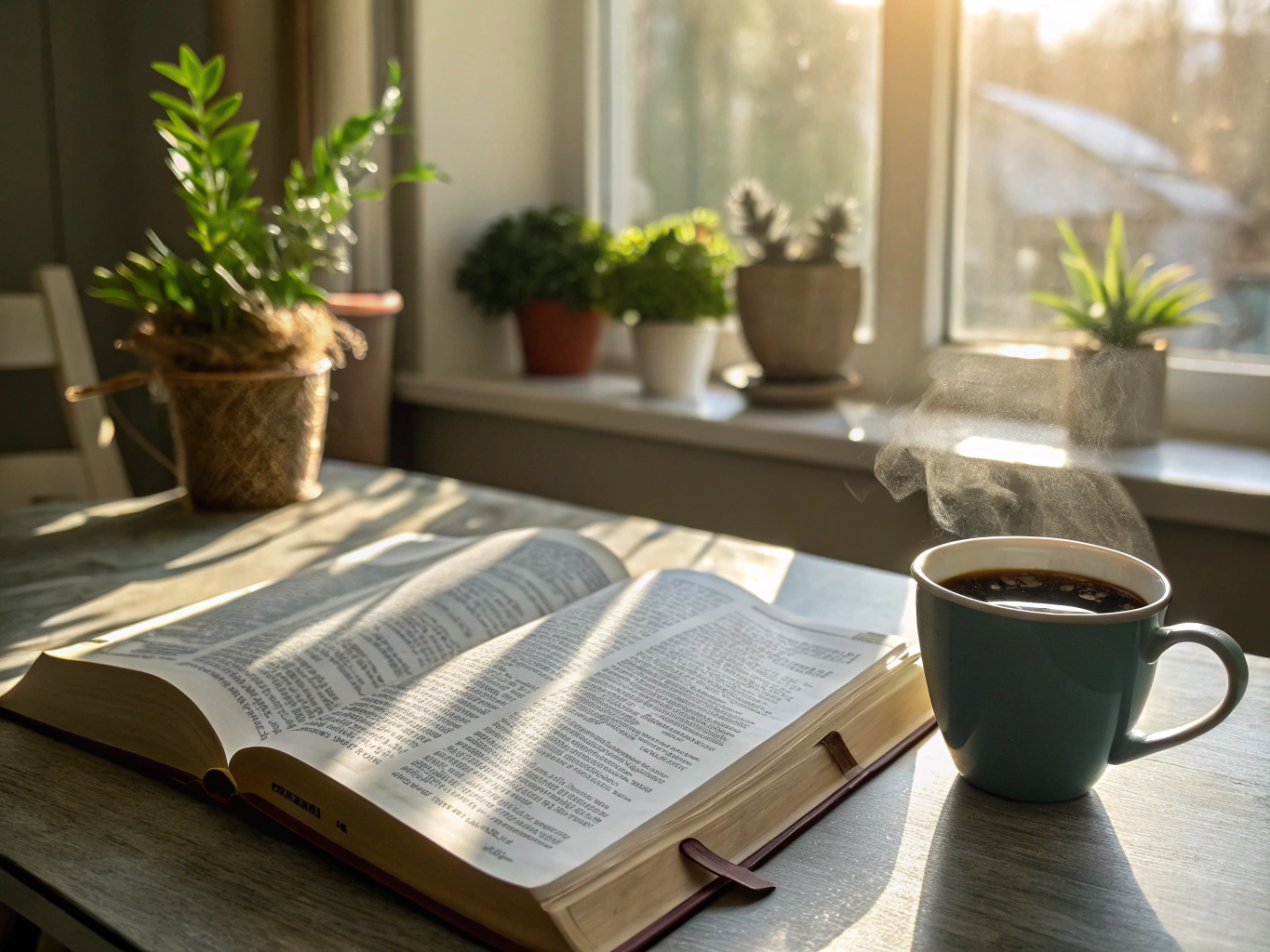 A peaceful morning scene with a Bible and coffee, representing spiritual clarity